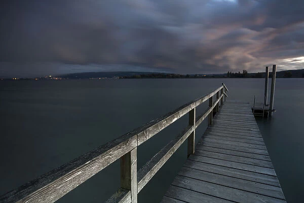 A pier in Markelfingen on Lake Constance in the evening, Germany, Europe, PublicGround