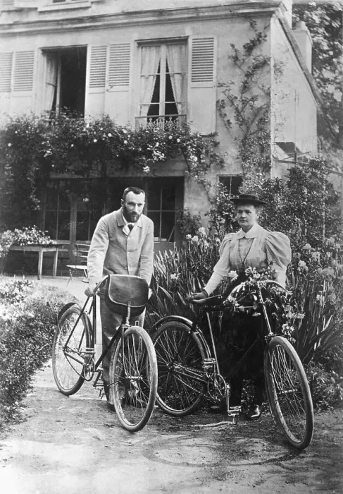 Framed Print : Pierre and Marie Curie with Bicycles Framed Print : Pierre and Marie Curie with Bicycles