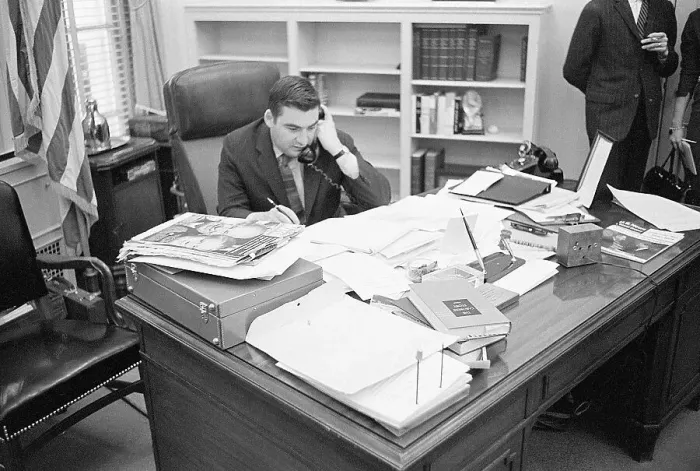 Framed Print : Pierre Salinger at White House Desk Framed Print : Pierre Salinger at White House Desk