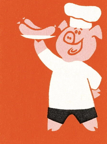 Pig chef serving sausages
