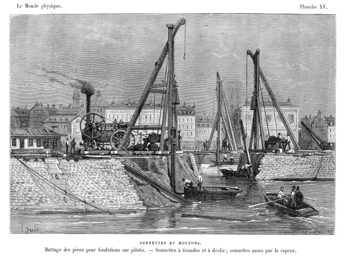 Framed Print : Pile driving pilon foundation engraving 1881 Framed Print : Pile driving pilon foundation engraving 1881
