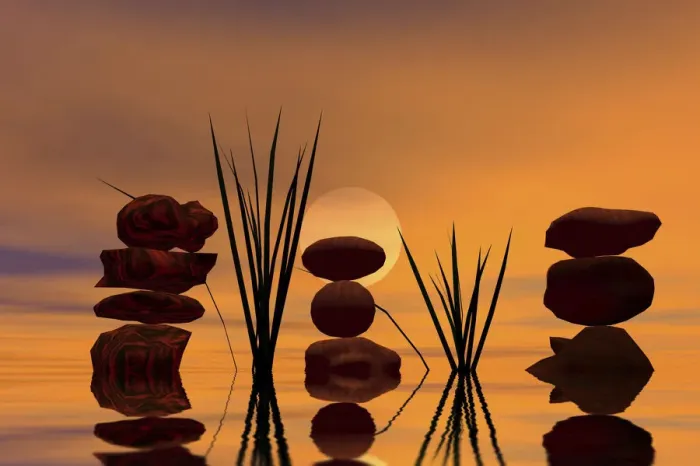 Framed Print : Three piles of stones at sunset, 3D graphics Framed Print : Three piles of stones at sunset, 3D graphics
