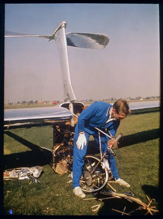 Framed Print : Pilot Inspecting Damaged Front of Experimental Glider Framed Print : Pilot Inspecting Damaged Front of Experimental Glider