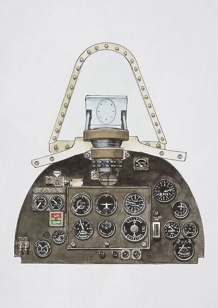 Pilots controls, switches and dials in aeroplane cockpit, front view