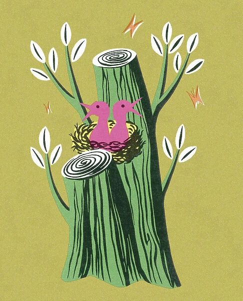 Pink Birds in a Green Tree Stump