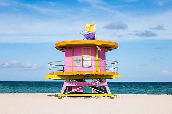 Pink lifeguard cabin on South beach, Miami, USA