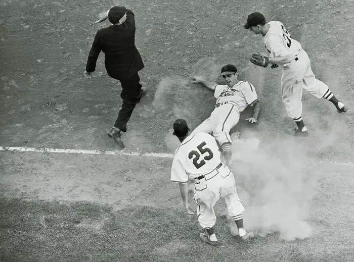 Framed Print : Pinky Higgins Tagging Out Joe Garagiola