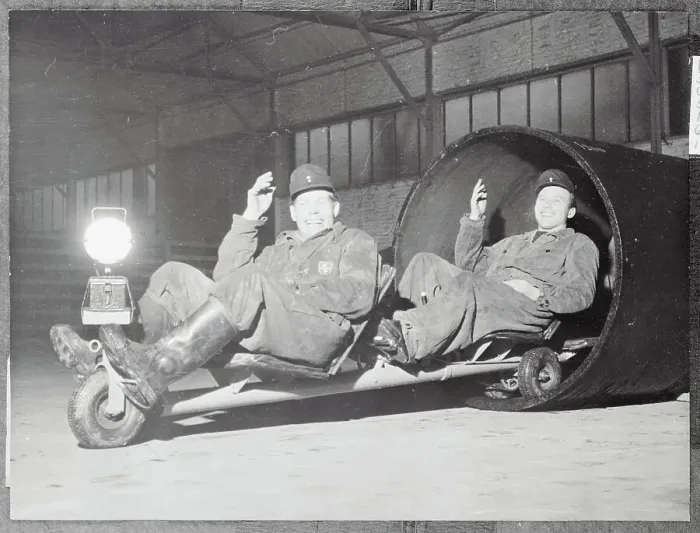 Framed Print : Pipe Inspectors Riding on Special Vehicle Framed Print : Pipe Inspectors Riding on Special Vehicle