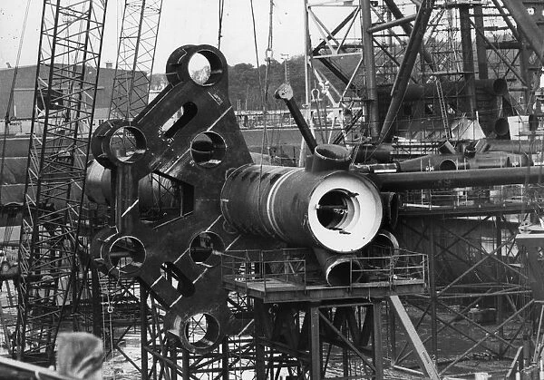 Pipework. circa 1965: Oil rig components waiting to be lifted during construction