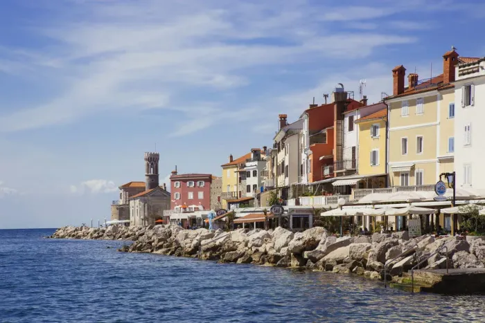 Framed Print : Piran lighthouse and houses at the waterfront Framed Print : Piran lighthouse and houses at the waterfront
