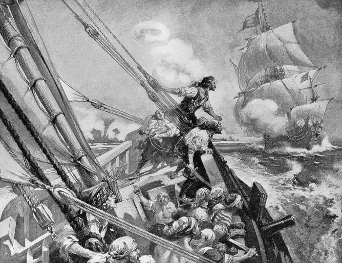Framed Print : Pirate Ship in Pursuit of Merchant Vessel with Booty Framed Print : Pirate Ship in Pursuit of Merchant Vessel with Booty