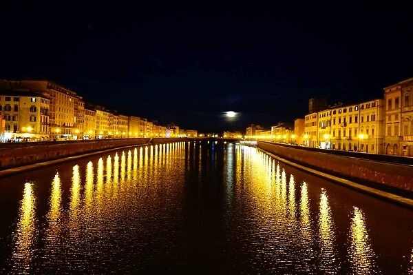 Pisa by Night, Arno River and Moon, Italy