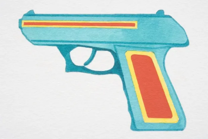 Framed Print : Pistol with red and yellow pattern, side view Framed Print : Pistol with red and yellow pattern, side view