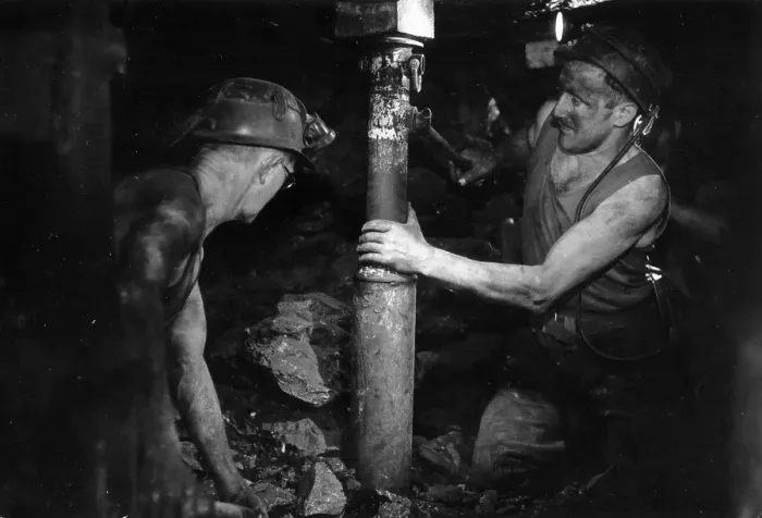 Framed Print : Pit Props. February 1954: The new hydraulic pit prop being positioned in Framed Print : Pit Props. February 1954: The new hydraulic pit prop being positioned in