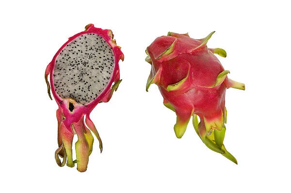 Pitahaya or Dragon Fruit -Hylocereus undatus-, halved and whole