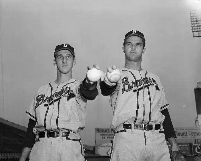 Framed Print : Pitchers Warren Spahn And Johnny Sain Holding Baseballs Framed Print : Pitchers Warren Spahn And Johnny Sain Holding Baseballs