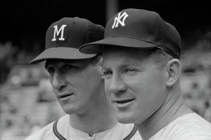 Framed Print : Pitchers Warren Spahn and Whitey Ford (R) Framed Print : Pitchers Warren Spahn and Whitey Ford (R)