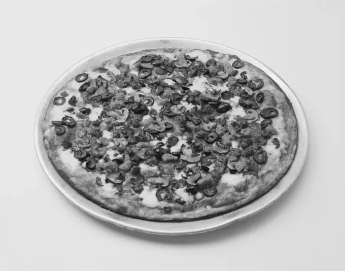 Framed Print : Pizza with toppings on white background, close-up Framed Print : Pizza with toppings on white background, close-up