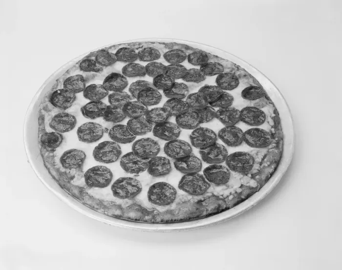 Framed Print : Pizza with toppings on white background, close-up Framed Print : Pizza with toppings on white background, close-up