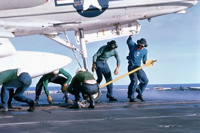 Framed Print : Placing Navy Aircraft in Catapult Framed Print : Placing Navy Aircraft in Catapult