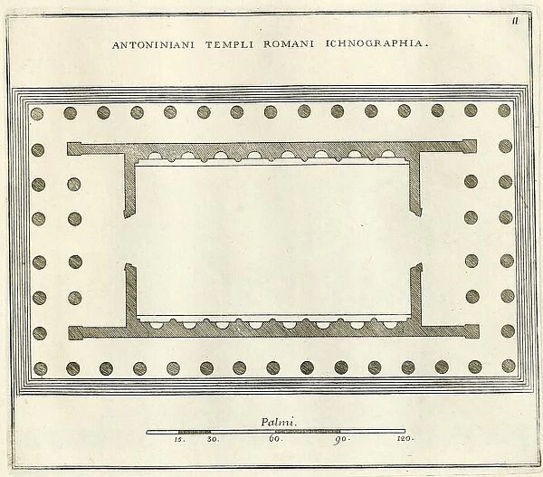 Plan of the Temple of St. Anthony recreated from its ruins in these last fires, historic Rome, Italy, digital reproduction of an original 17th-century template, original date unknown