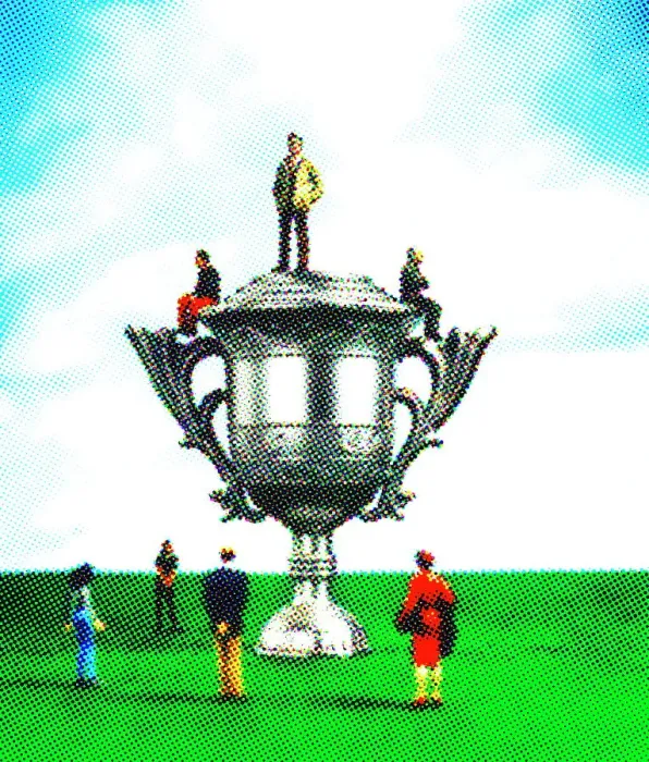 Framed Print : Plastic Toy People by a Large Trophy Framed Print : Plastic Toy People by a Large Trophy