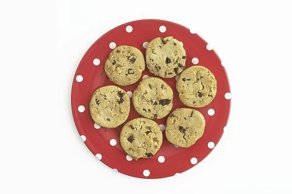 Plate of chocolate chip cookies, directly above