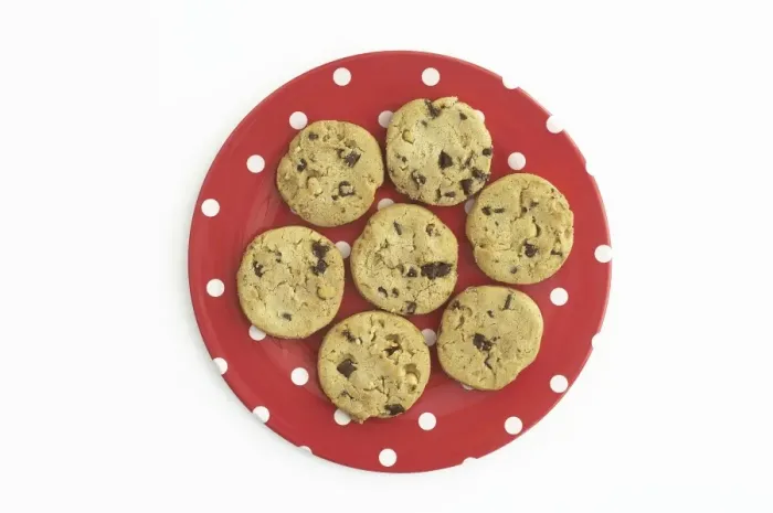 Framed Print : Plate of chocolate chip cookies, directly above Framed Print : Plate of chocolate chip cookies, directly above