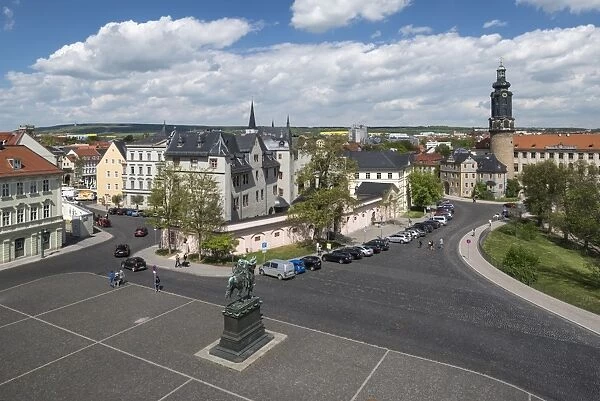 Platz der Demokratie square with Carl August monument, at the center study center of the Duchess Anna Amalia Library, rear right City Castle, Weimar, Thuringia, Germany