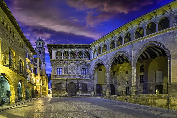 Plaza de EspaAna with Town Hall and Gothic Market, AlcaAniz, Teruel Province, Spain