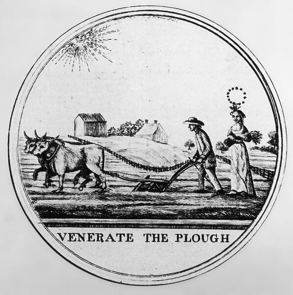 Ploughing. An Engraving of a Farmer Ploughing a Field with text Venerate