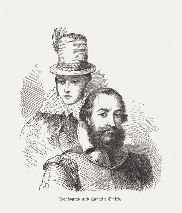 Framed Print : Pocahontas and Captain John Smith, wood engraving, published in 1876