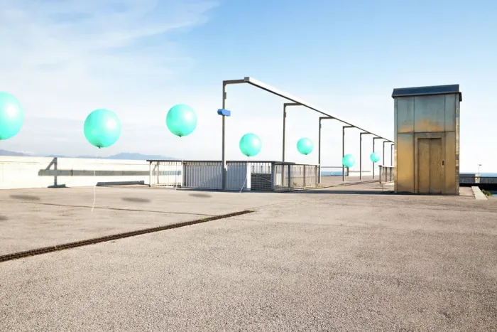 Framed Print : Poetic picture of stop motion pictures in one of a line of green balloons flying in city corner with nice perspective Framed Print : Poetic picture of stop motion pictures in one of a line of green balloons flying in city corner with nice perspective