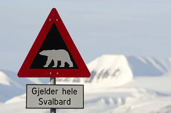 Polar bear warning sign, Longyearbyen, Spitsbergen Island, Svalbard Archipelago, Svalbard and Jan Mayen, Norway
