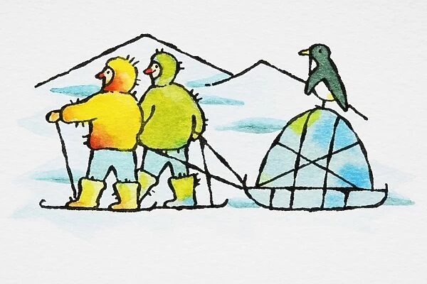Polar explorers in Arctic setting, with penguin sitting on igloo tent pulled by men