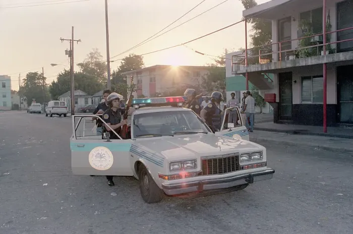 Framed Print : Police Canvassing Protest Torn Area