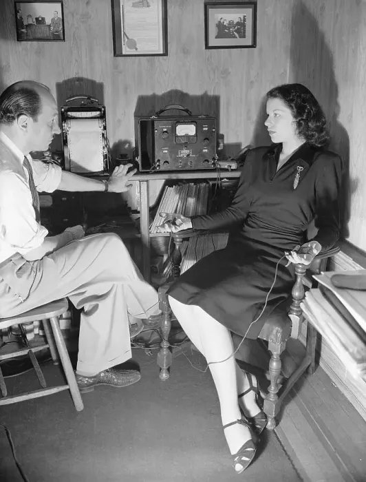 Framed Print : Police Captain Jacques Bril Demonstrating Lie Detecting with Assistant Framed Print : Police Captain Jacques Bril Demonstrating Lie Detecting with Assistant