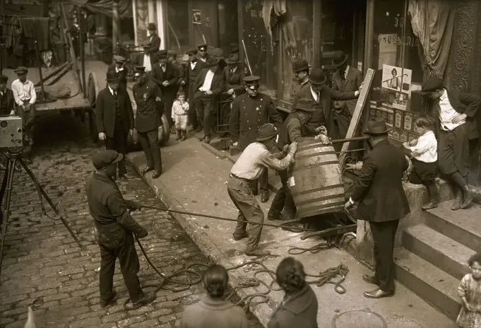 Framed Print : Police and Crowd Watching Men Remove Wine Barrel