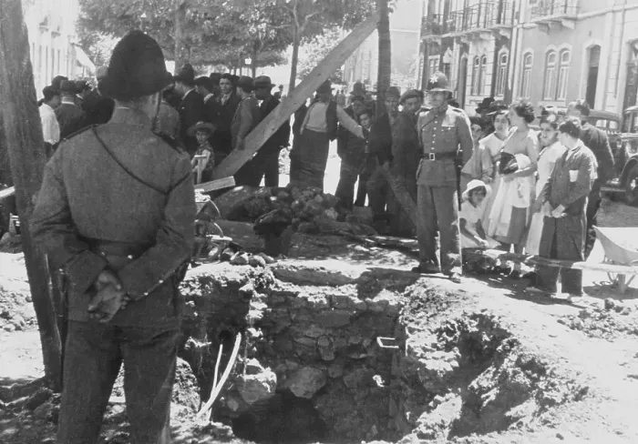 Framed Print : Police Guarding Crater Left by Bomb Framed Print : Police Guarding Crater Left by Bomb