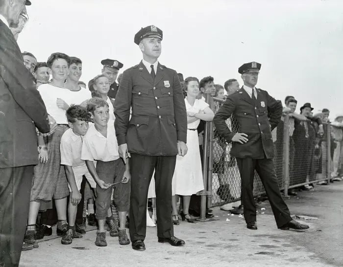 Framed Print : Police Holding Back Crowds at Floyd Bennett Field Framed Print : Police Holding Back Crowds at Floyd Bennett Field
