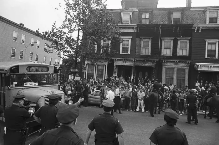 Framed Print : Police Keeping Crowds Back for School Bus