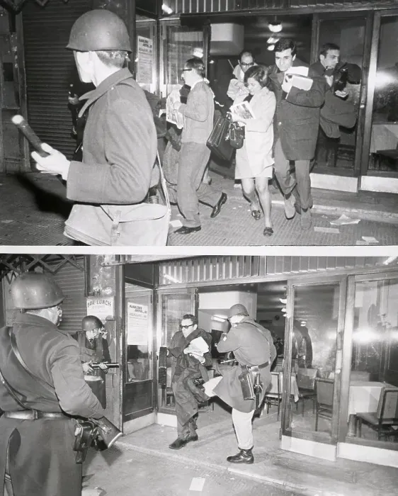 Framed Print : Police Kick Student Leaving Coffee Shop Framed Print : Police Kick Student Leaving Coffee Shop