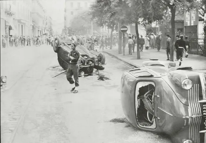 Framed Print : Police near Overturned Cars and Congregation During Riot Framed Print : Police near Overturned Cars and Congregation During Riot