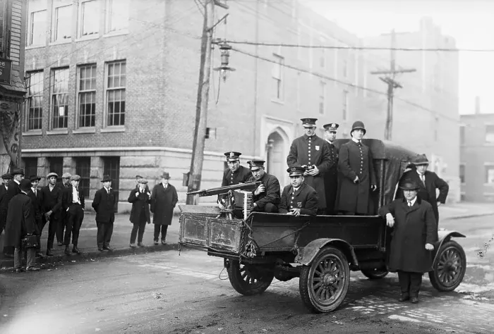 Framed Print : Police Patrol with Machine Gun on Truck Framed Print : Police Patrol with Machine Gun on Truck