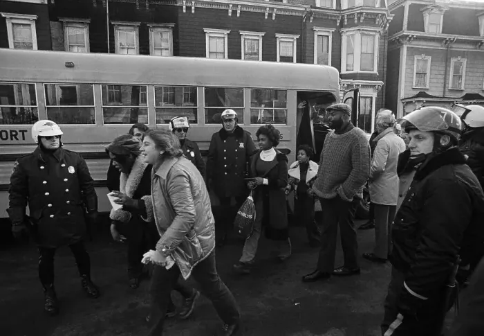 Framed Print : Police Watch Bused Students Arrive Framed Print : Police Watch Bused Students Arrive