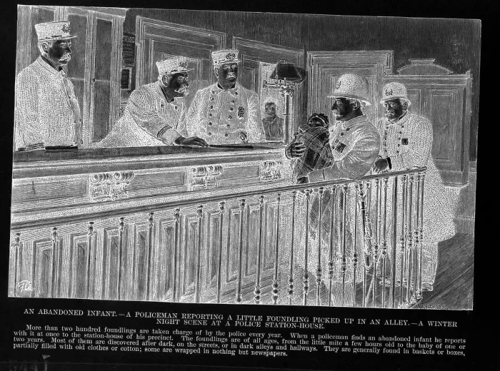 Framed Print : Policeman Delivering an Abandoned Baby to Station Framed Print : Policeman Delivering an Abandoned Baby to Station