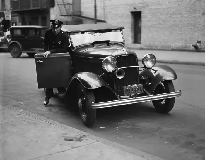 Framed Print : Policeman Exiting Car Framed Print : Policeman Exiting Car