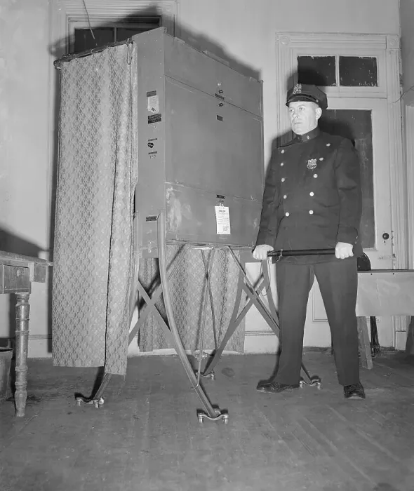 Framed Print : Policeman Guarding Voting Booth Framed Print : Policeman Guarding Voting Booth