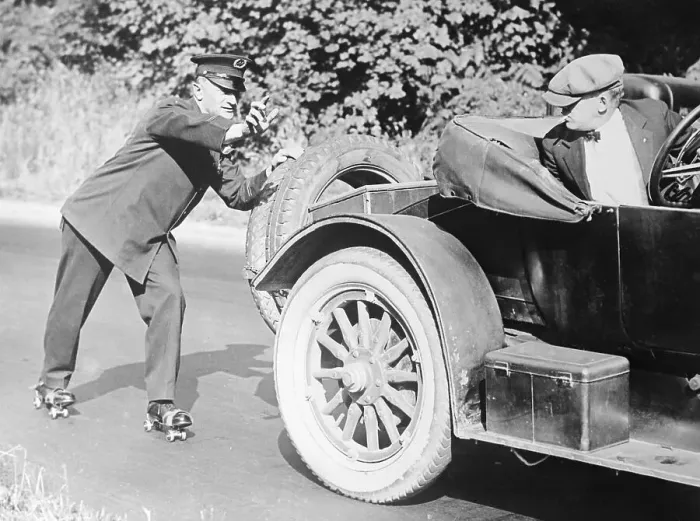Framed Print : Policeman Riding on Roller Skates Framed Print : Policeman Riding on Roller Skates