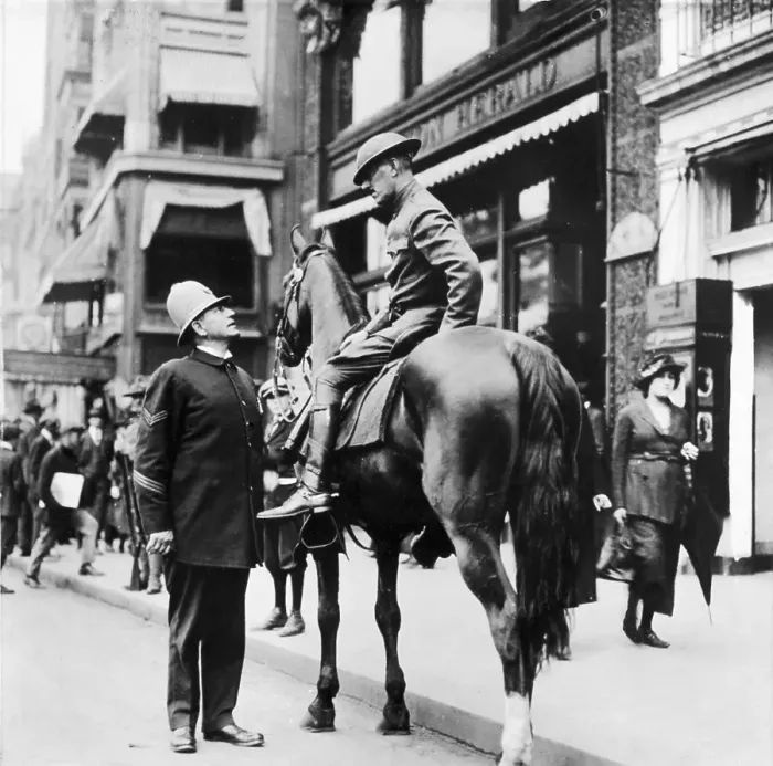 Framed Print : Policeman Talking to Soldier on Horse Framed Print : Policeman Talking to Soldier on Horse
